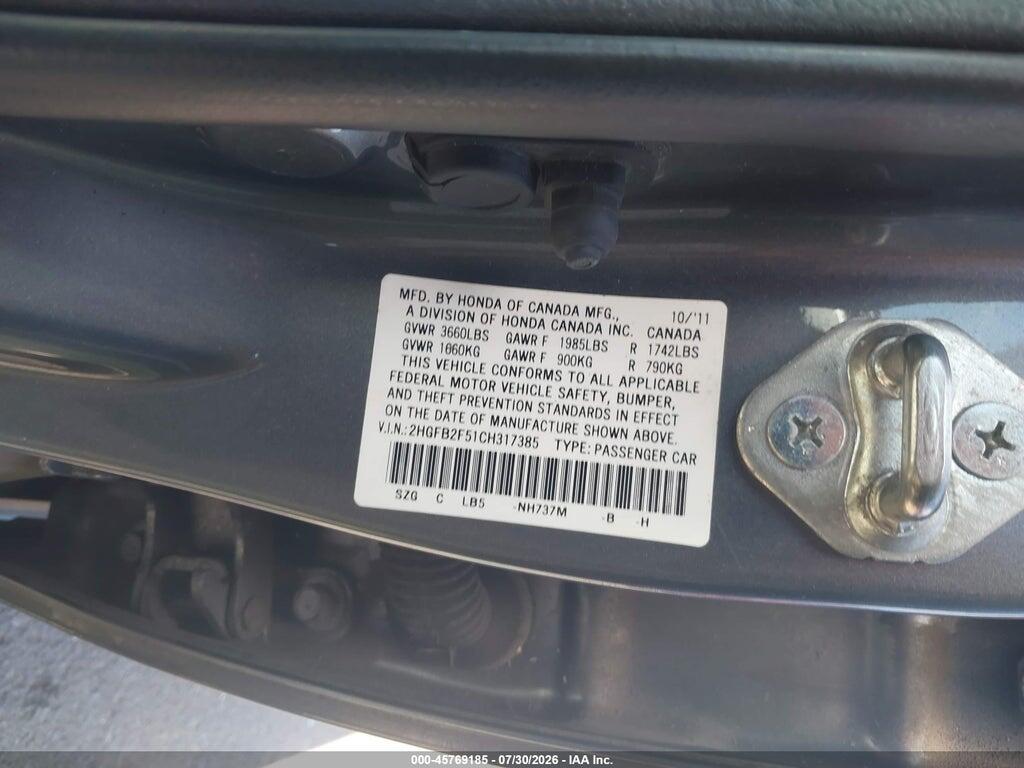 2HGFB2F51CH317385 2012 HONDA CIVIC photo no. 9