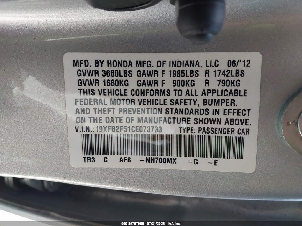 19XFB2F51CE073733 2012 HONDA CIVIC photo no. 9