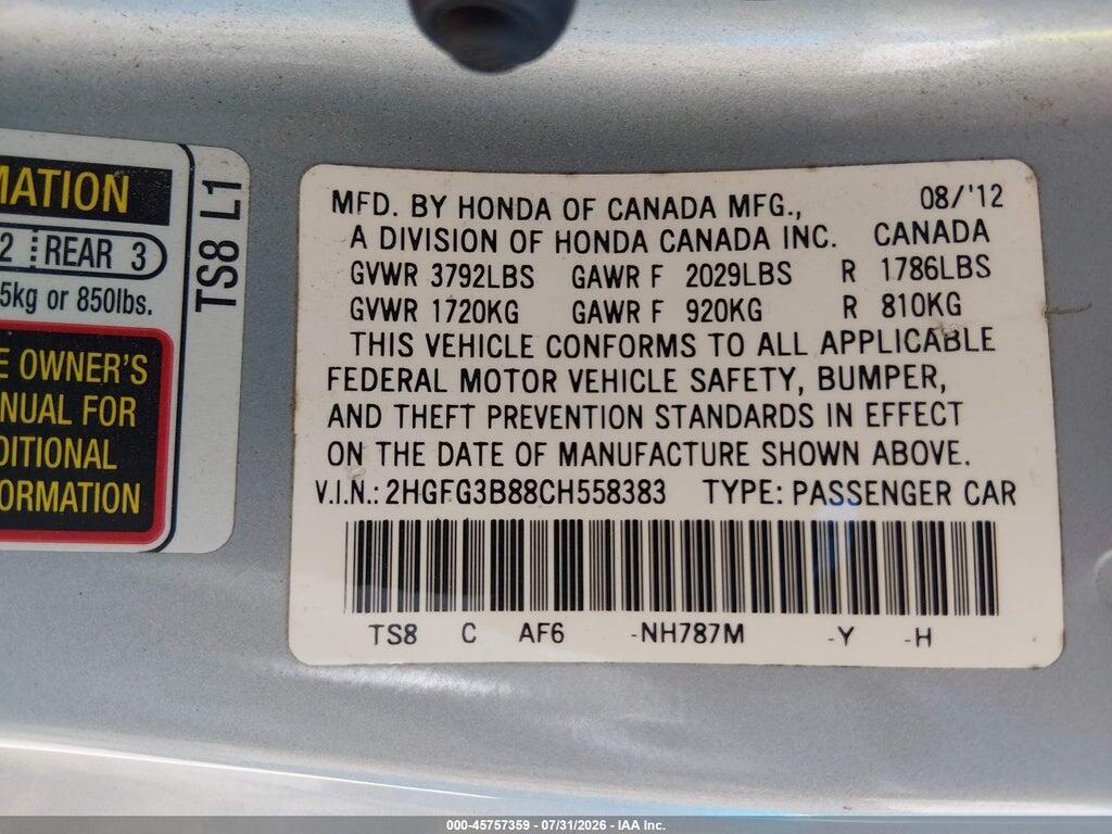 2HGFG3B88CH558383 2012 HONDA CIVIC photo no. 9