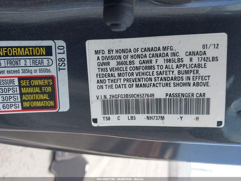 2HGFG3B50CH527649 2012 HONDA CIVIC photo no. 9