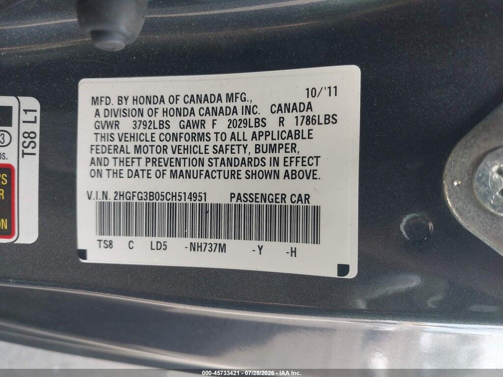 2HGFG3B05CH514951 2012 HONDA CIVIC photo no. 9