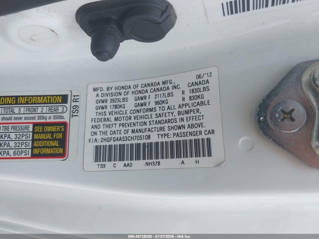 2HGFG4A53CH705108 2012 HONDA CIVIC photo no. 9