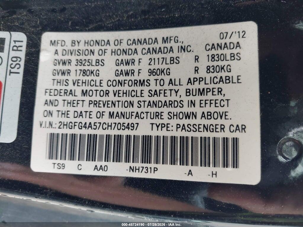 2HGFG4A57CH705497 2012 HONDA CIVIC photo no. 9