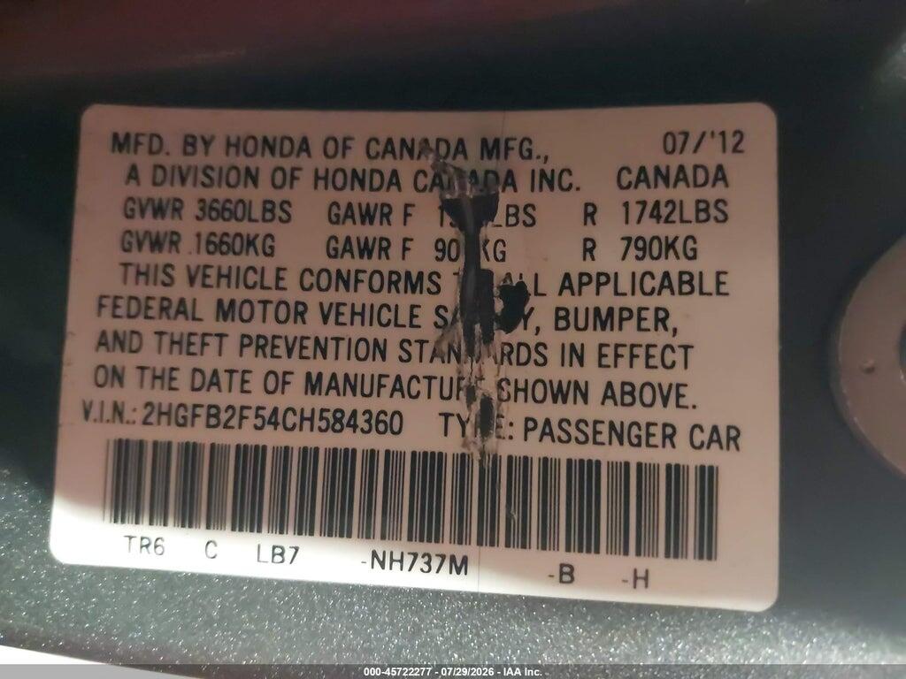 2HGFB2F54CH584360 2012 HONDA CIVIC photo no. 9