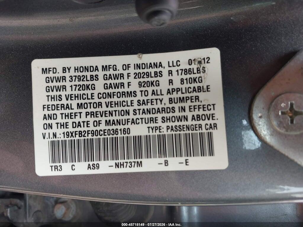 19XFB2F90CE036160 2012 HONDA CIVIC photo no. 9