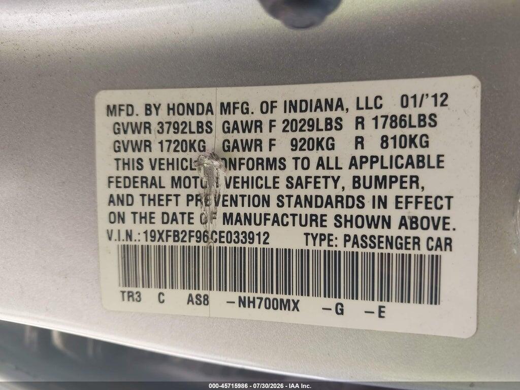 19XFB2F96CE033912 2012 HONDA CIVIC photo no. 9