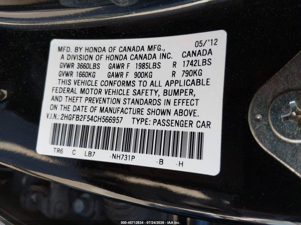 2HGFB2F54CH566957 2012 HONDA CIVIC photo no. 9