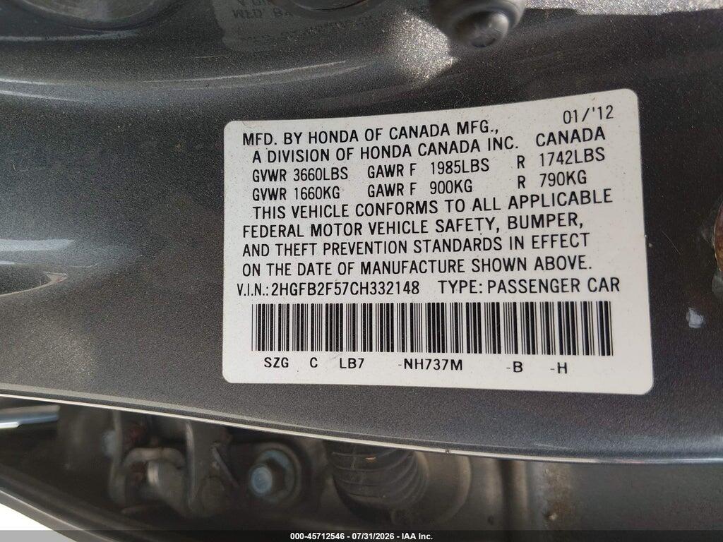 2HGFB2F57CH332148 2012 HONDA CIVIC photo no. 9