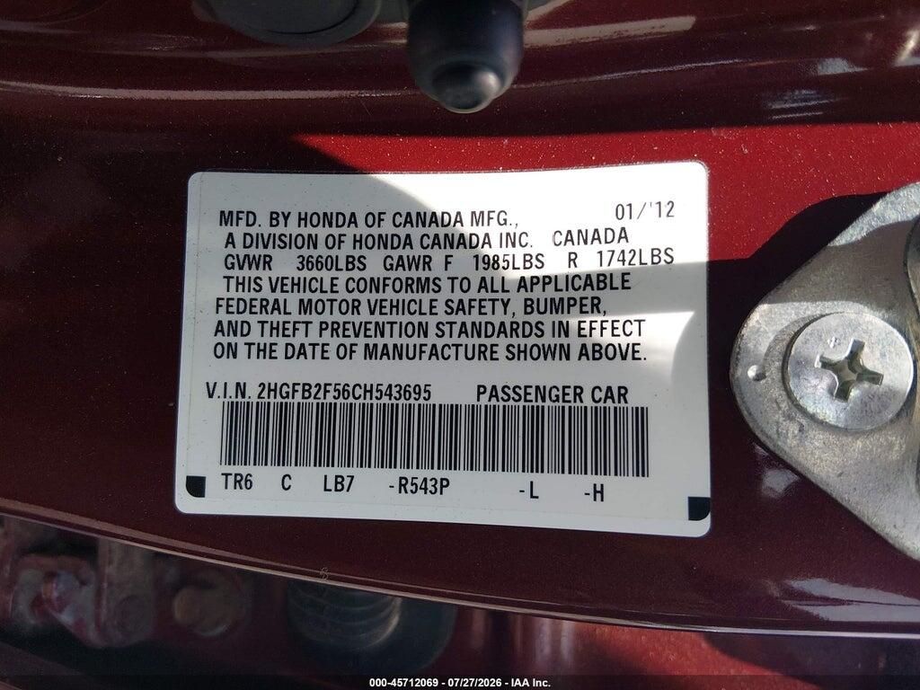 2HGFB2F56CH543695 2012 HONDA CIVIC photo no. 9