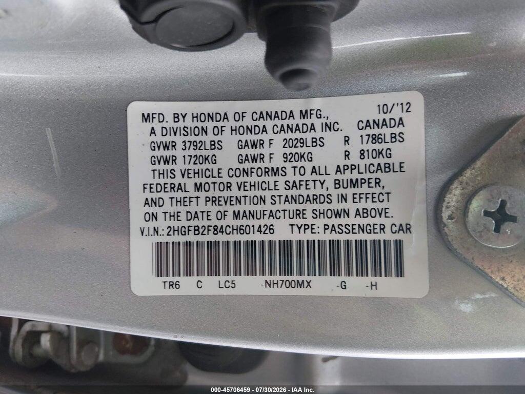 2HGFB2F84CH601426 2012 HONDA CIVIC photo no. 9