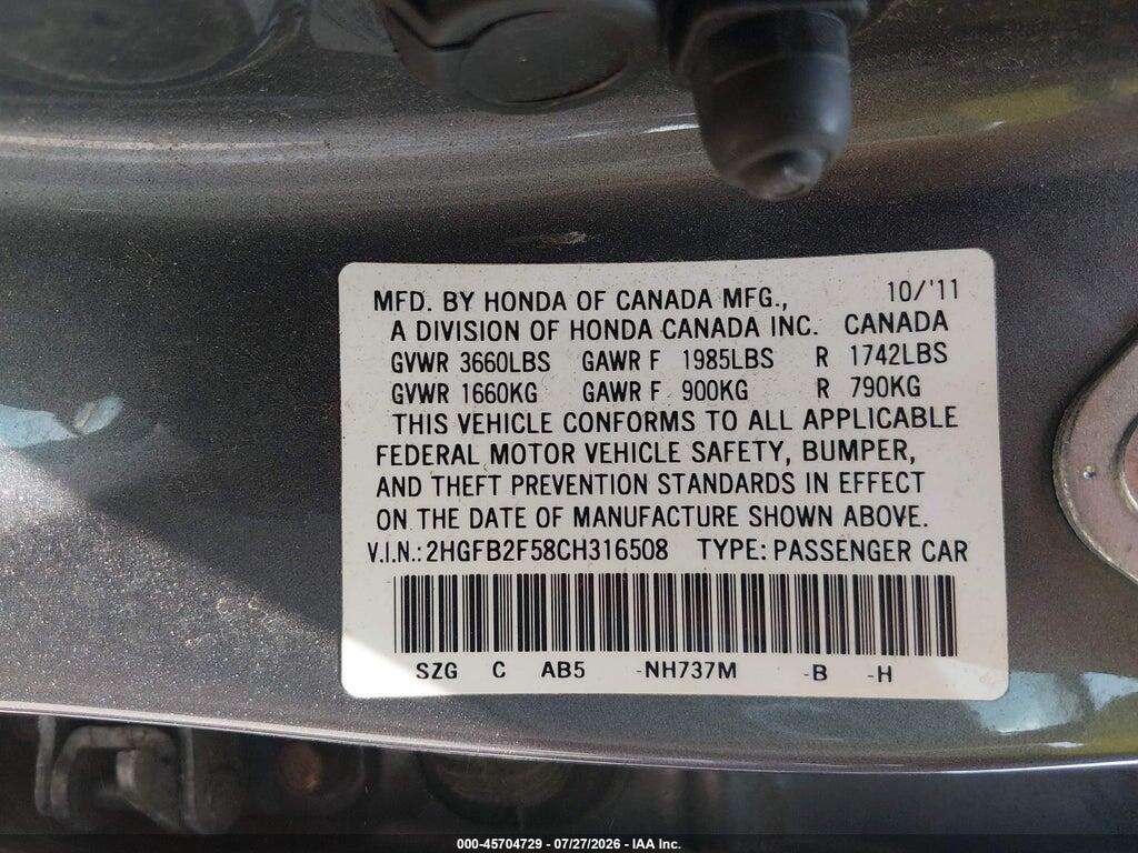 2HGFB2F58CH316508 2012 HONDA CIVIC photo no. 9