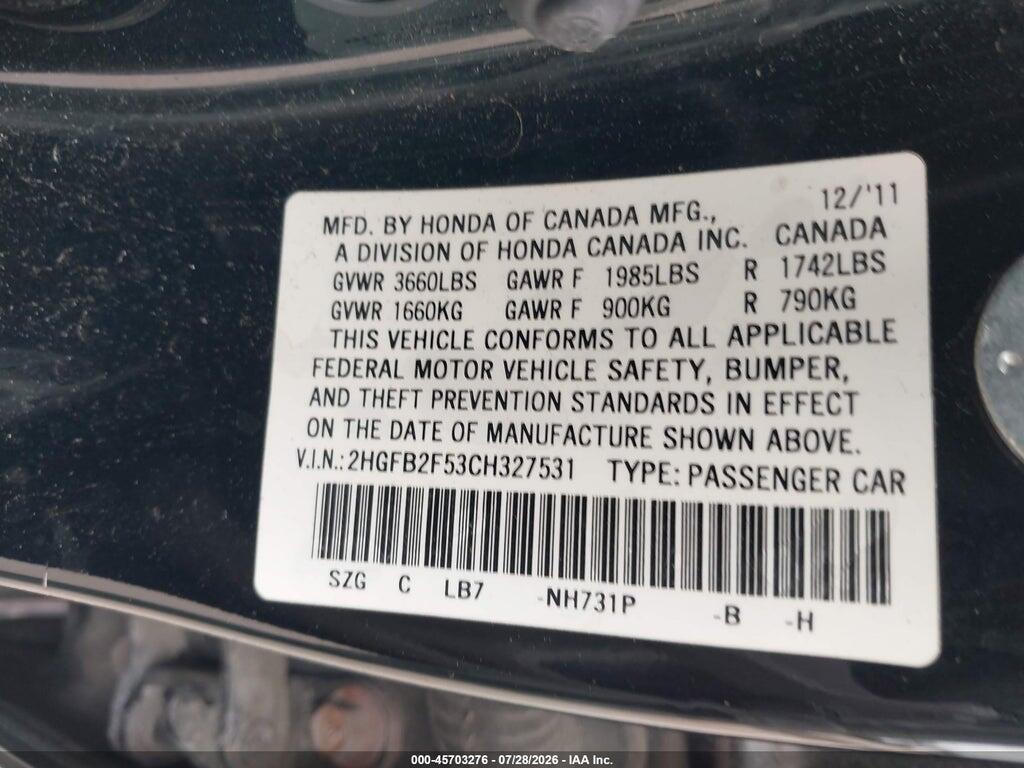 2HGFB2F53CH327531 2012 HONDA CIVIC photo no. 9