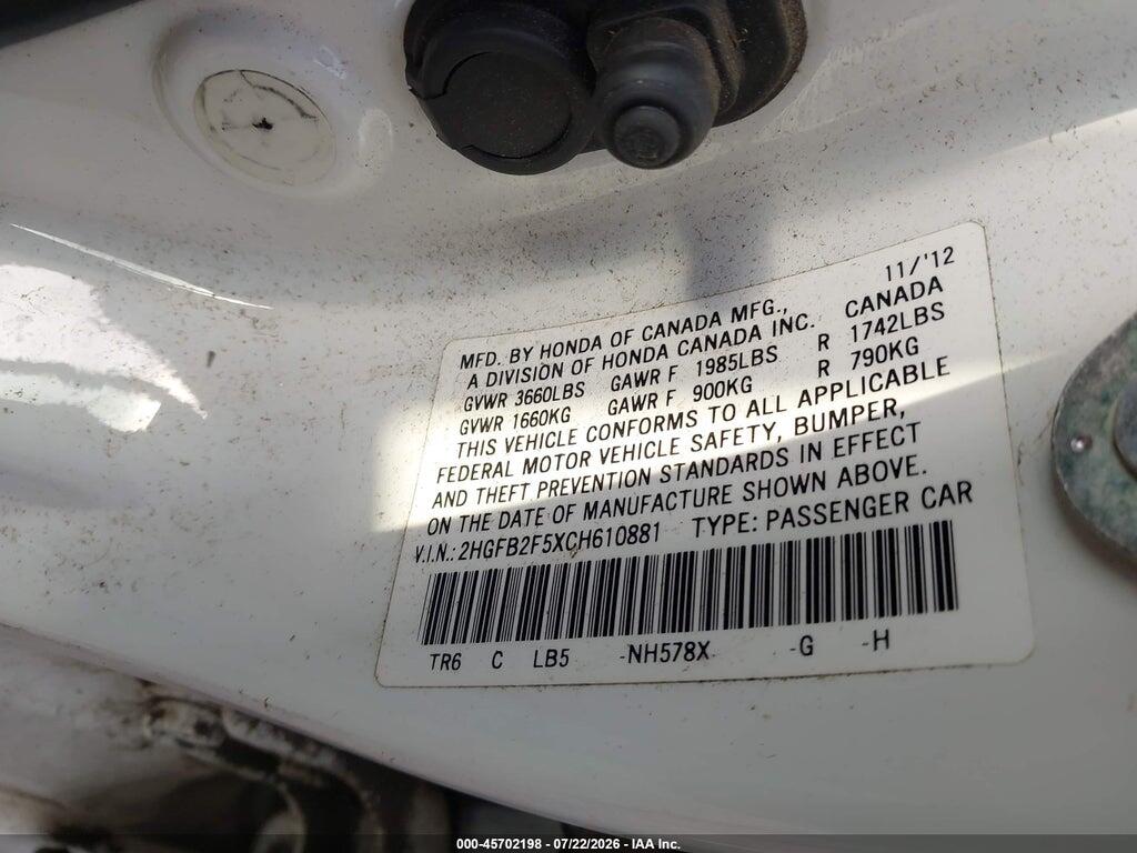 2HGFB2F5XCH610881 2012 HONDA CIVIC photo no. 9