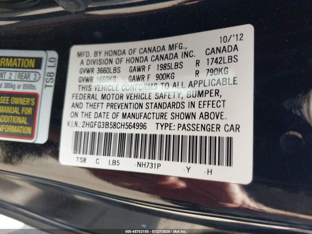 2HGFG3B58CH564996 2012 HONDA CIVIC photo no. 9