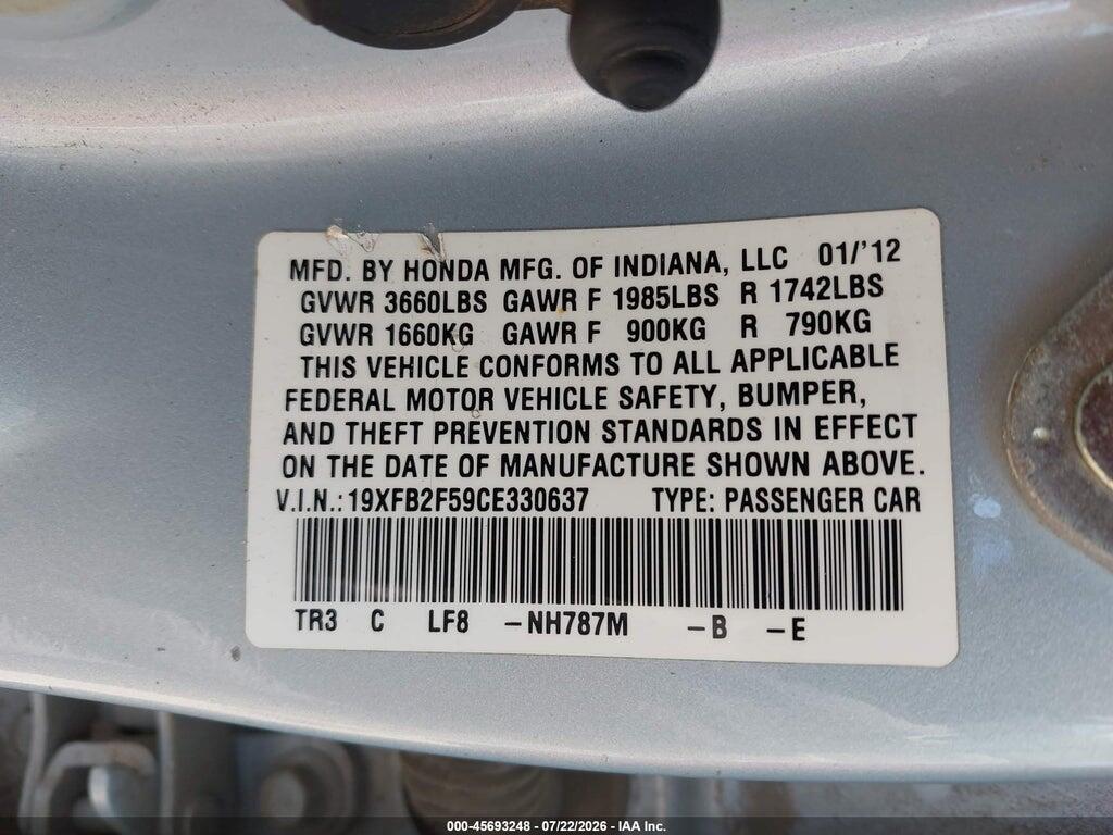 19XFB2F59CE330637 2012 HONDA CIVIC photo no. 9