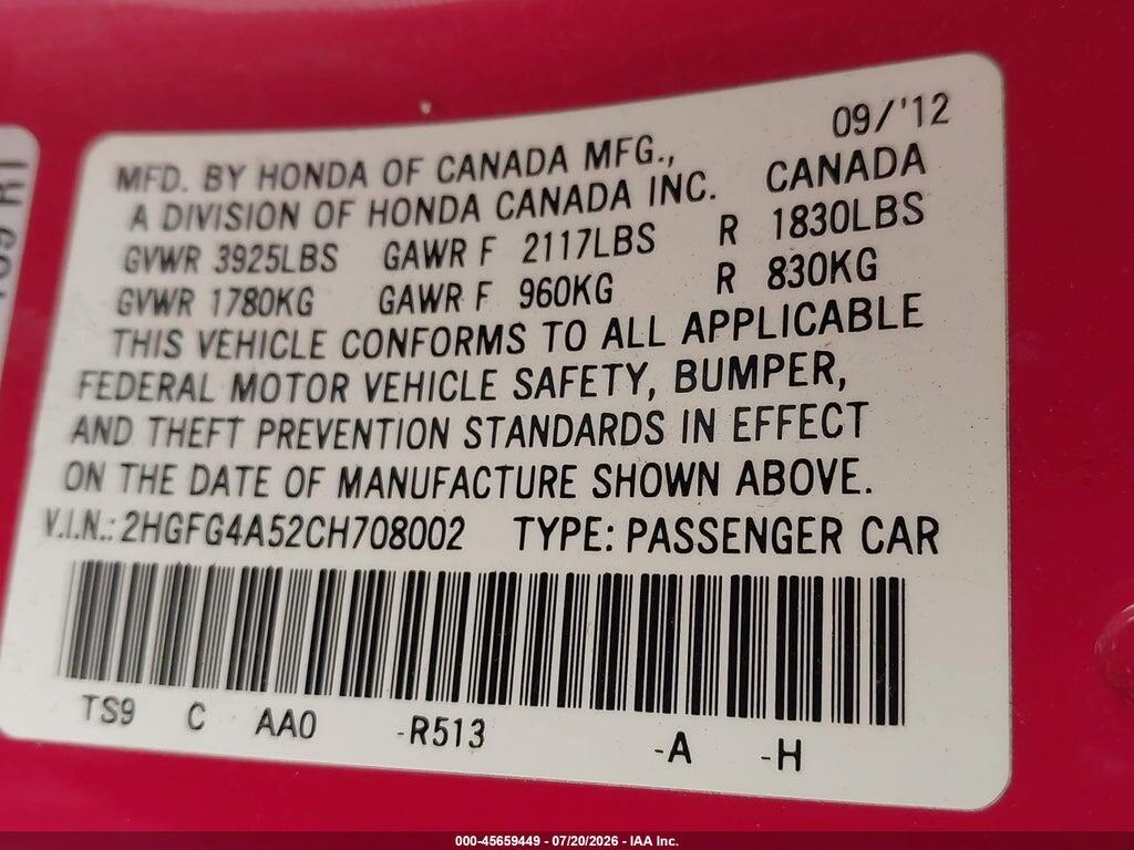 2HGFG4A52CH708002 2012 HONDA CIVIC photo no. 9
