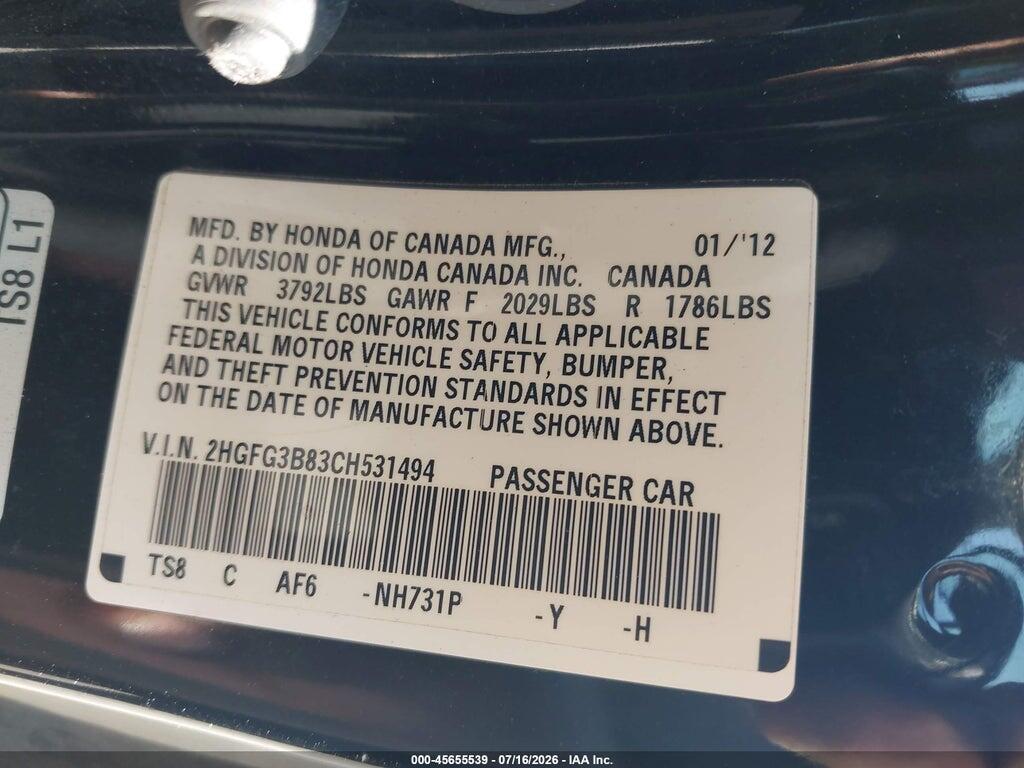 2HGFG3B83CH531494 2012 HONDA CIVIC photo no. 9