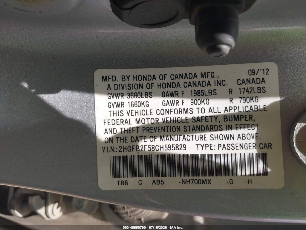 2HGFB2F58CH595829 2012 HONDA CIVIC photo no. 9