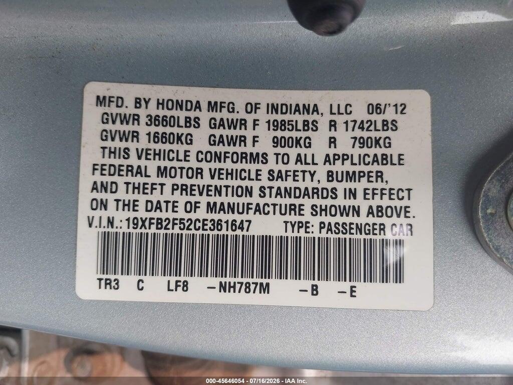 19XFB2F52CE361647 2012 HONDA CIVIC photo no. 9
