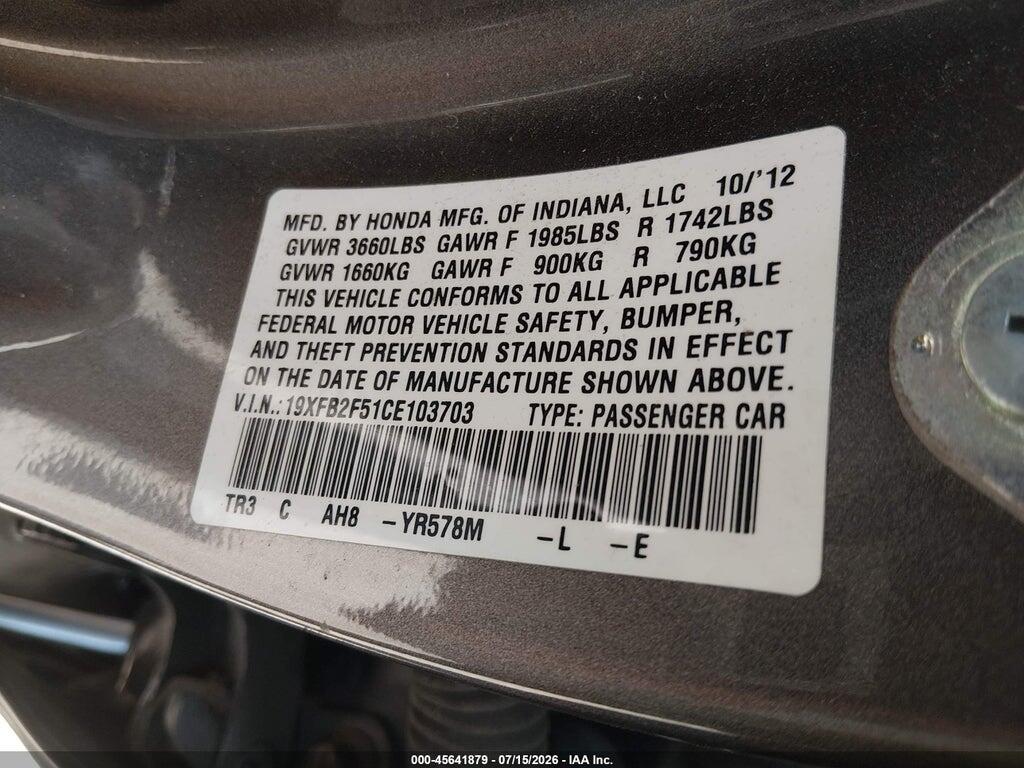 19XFB2F51CE103703 2012 HONDA CIVIC photo no. 9