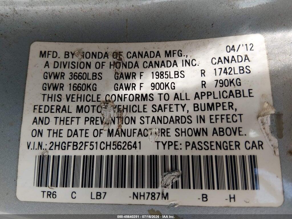 2HGFB2F51CH562641 2012 HONDA CIVIC photo no. 9