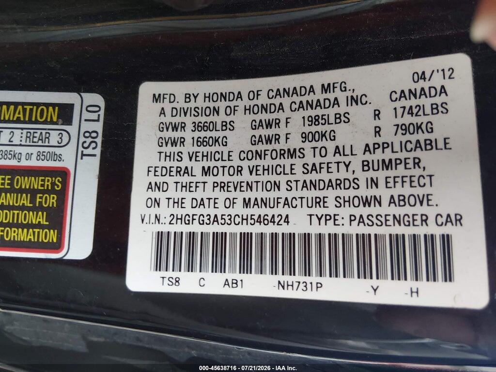 2HGFG3A53CH546424 2012 HONDA CIVIC photo no. 9