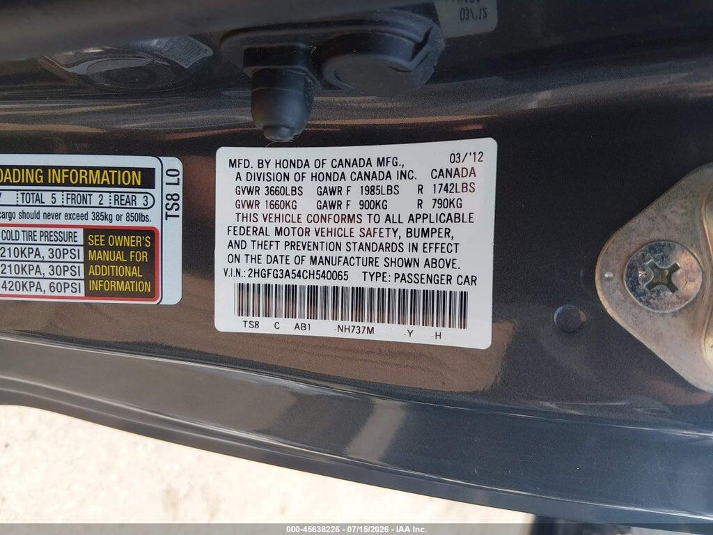 2HGFG3A54CH540065 2012 HONDA CIVIC photo no. 9