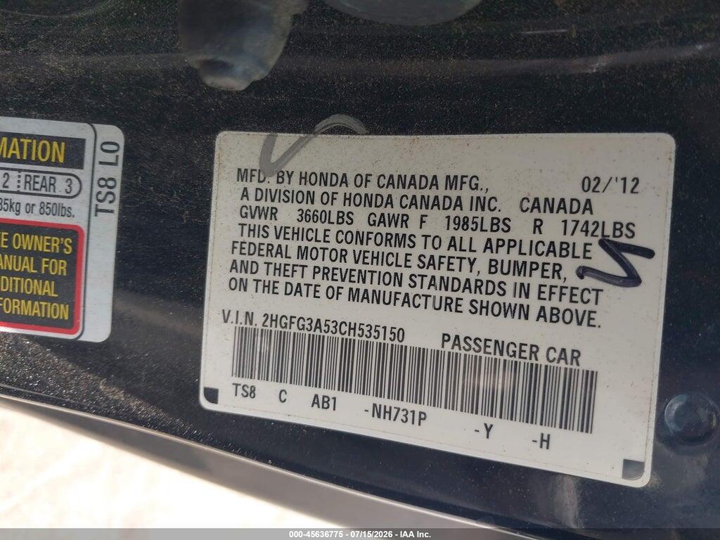 2HGFG3A53CH535150 2012 HONDA CIVIC photo no. 9