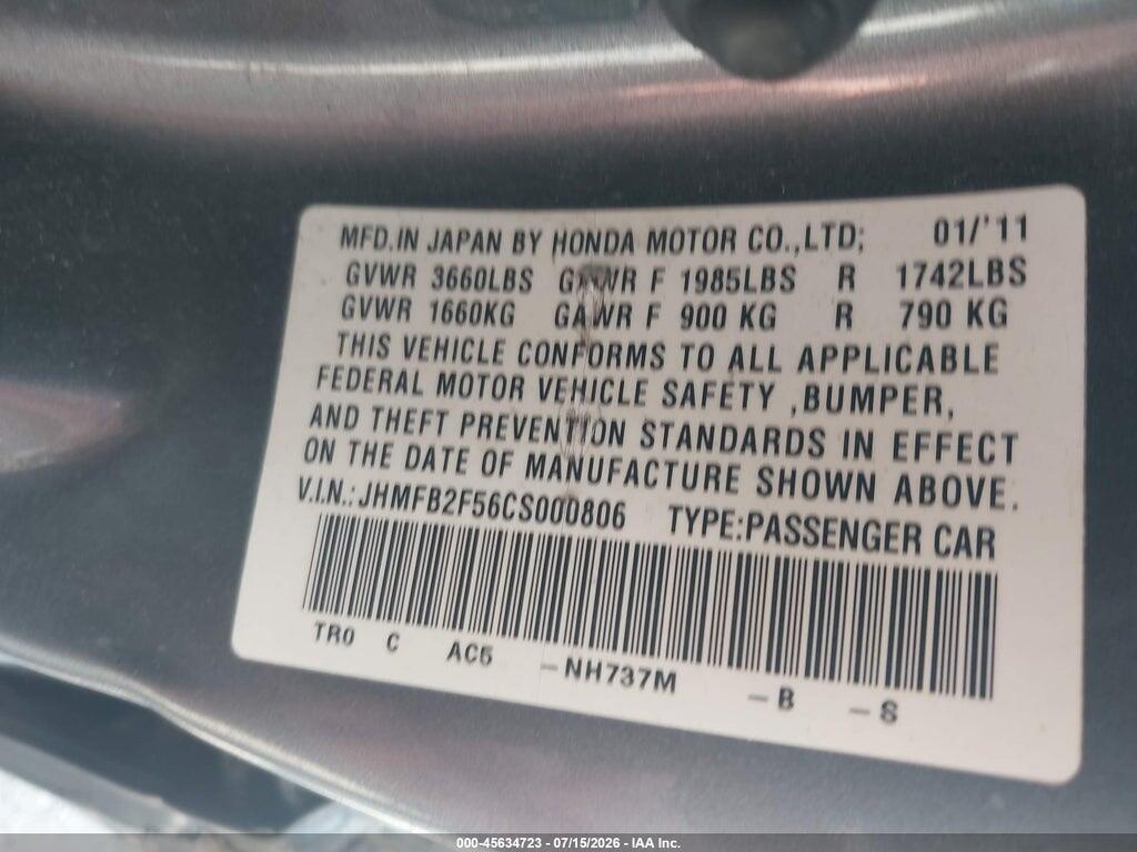 JHMFB2F56CS000806 2012 HONDA CIVIC photo no. 9