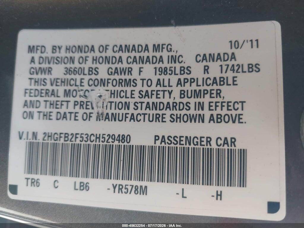 2HGFB2F53CH529480 2012 HONDA CIVIC photo no. 9
