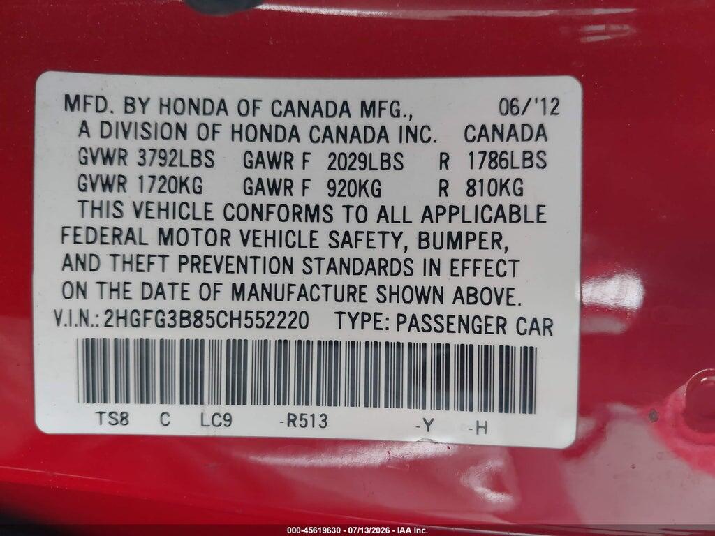 2HGFG3B85CH552220 2012 HONDA CIVIC photo no. 9