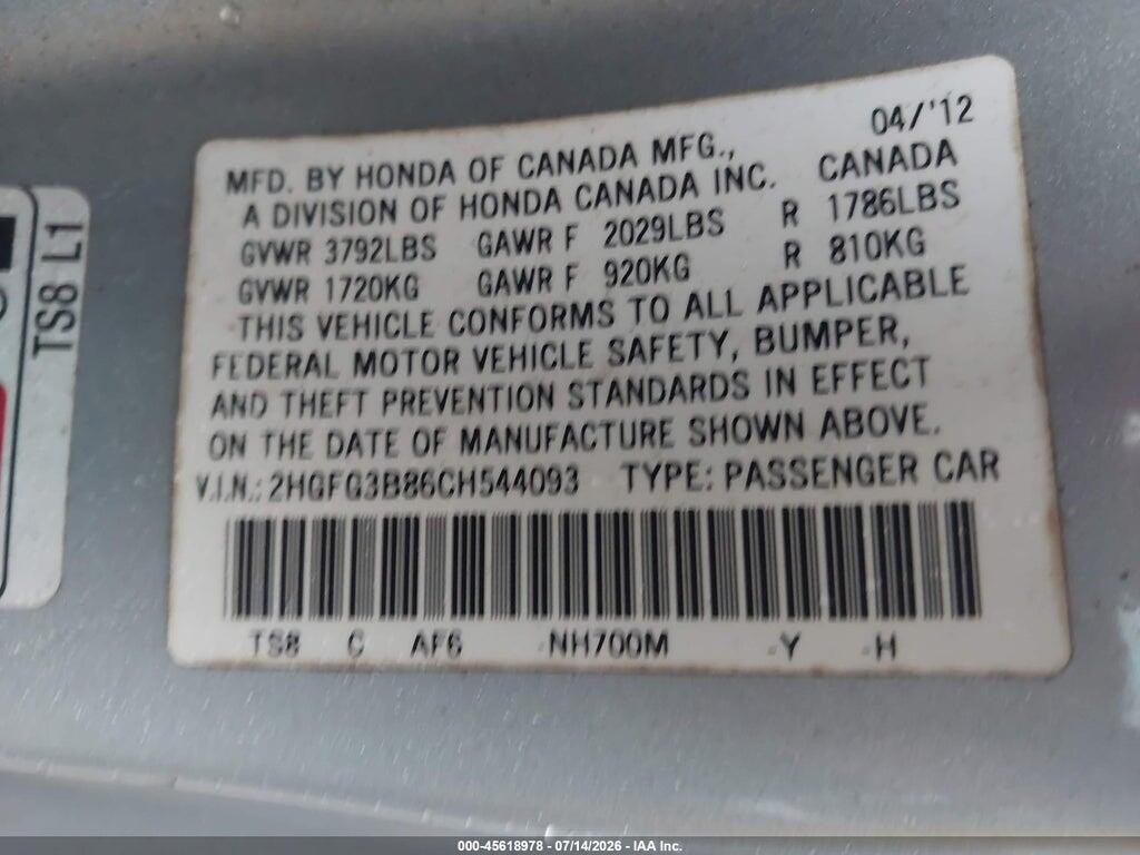 2HGFG3B86CH544093 2012 HONDA CIVIC photo no. 9