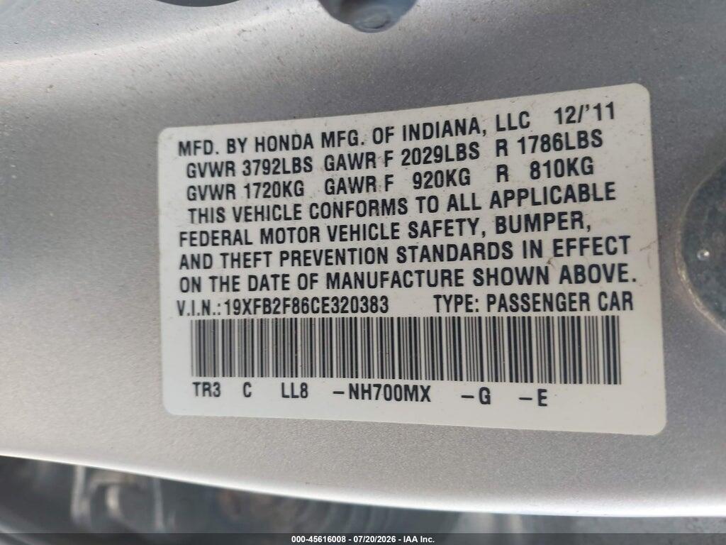 19XFB2F86CE320383 2012 HONDA CIVIC photo no. 9