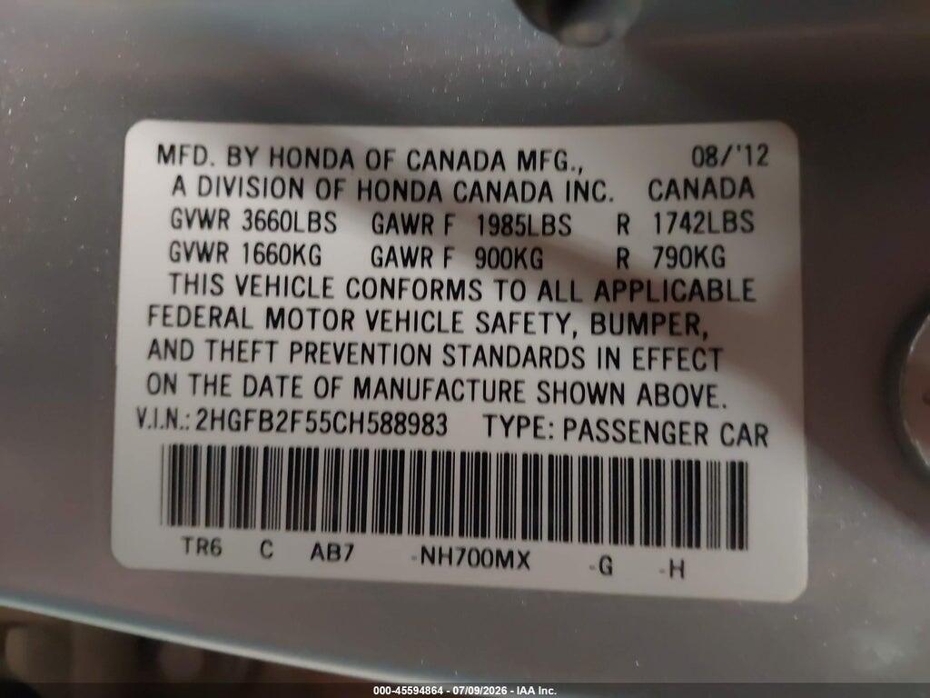 2HGFB2F55CH588983 2012 HONDA CIVIC photo no. 9