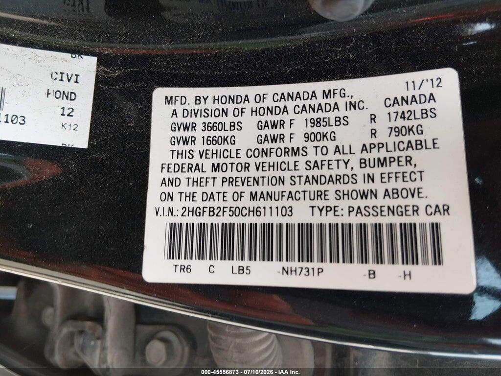 2HGFB2F50CH611103 2012 HONDA CIVIC photo no. 9