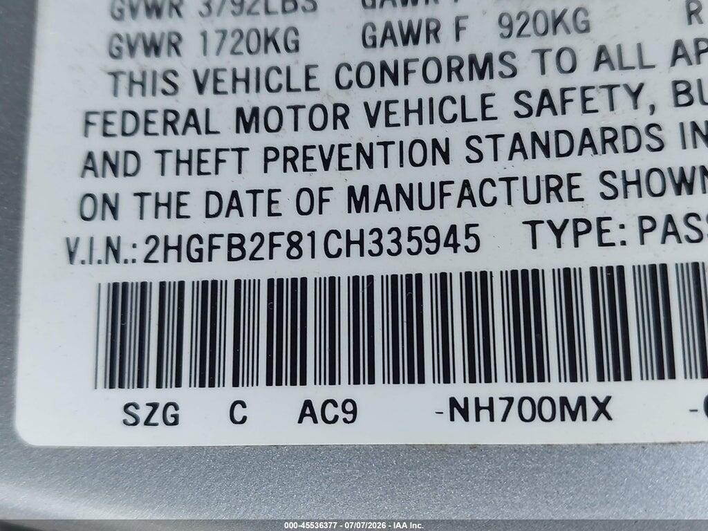 2HGFB2F81CH335945 2012 HONDA CIVIC photo no. 9