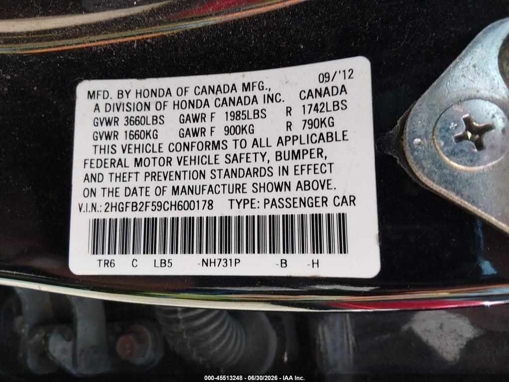 2HGFB2F59CH600178 2012 HONDA CIVIC photo no. 9