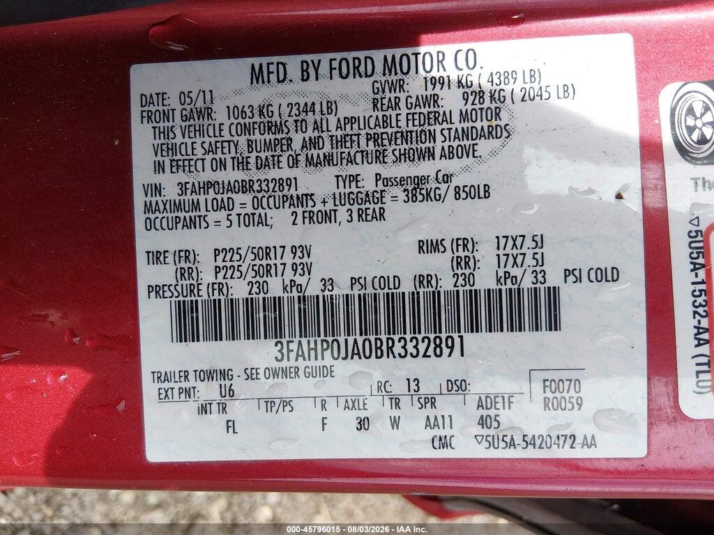 3FAHP0JA0BR332891 2011 FORD FUSION photo no. 9
