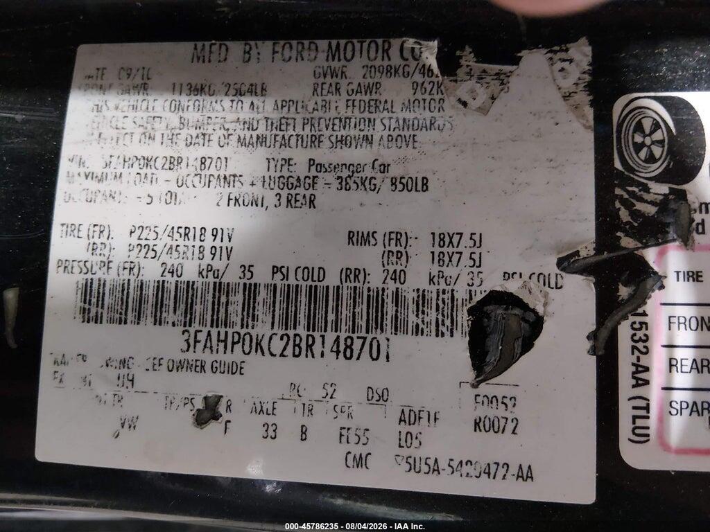 3FAHP0KC2BR148701 2011 FORD FUSION photo no. 9