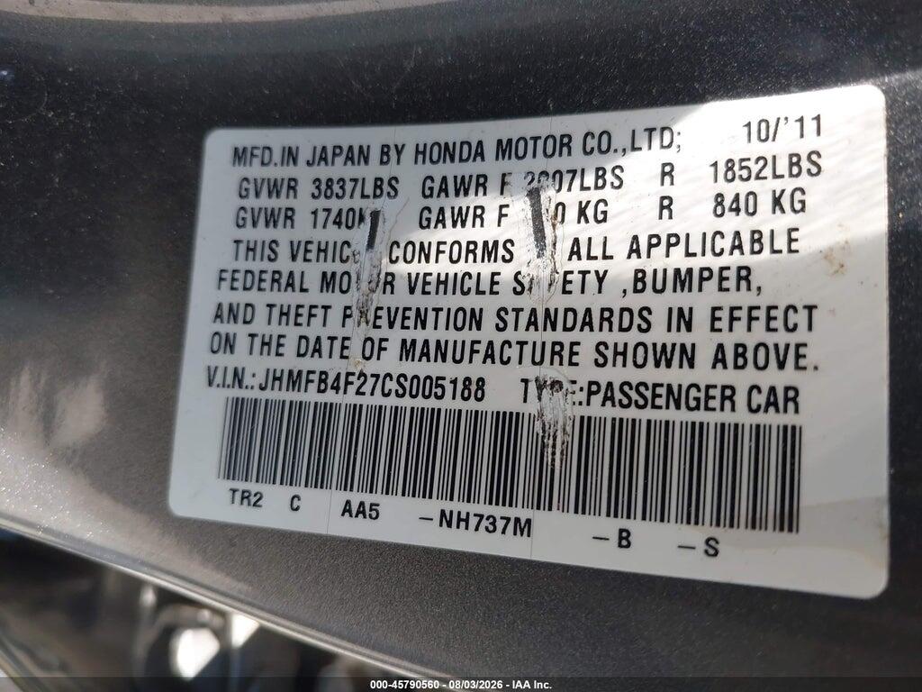 JHMFB4F27CS005188 2012 HONDA CIVIC HYBRID photo no. 9