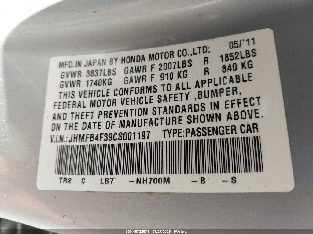 JHMFB4F39CS001197 2012 HONDA CIVIC HYBRID photo no. 9