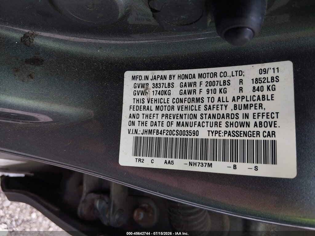 JHMFB4F20CS003590 2012 HONDA CIVIC HYBRID photo no. 9