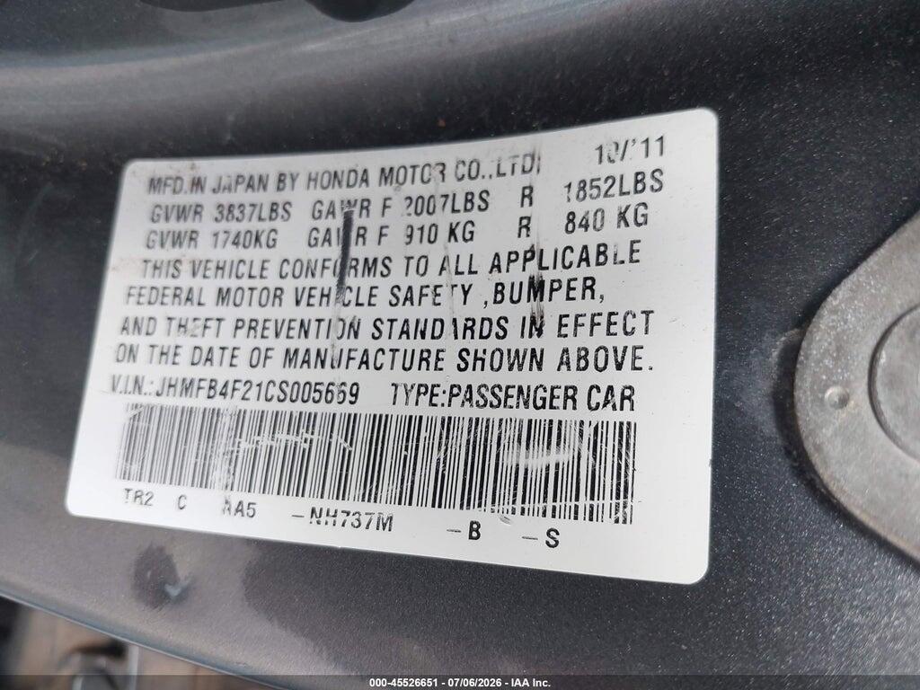 JHMFB4F21CS005669 2012 HONDA CIVIC HYBRID photo no. 9