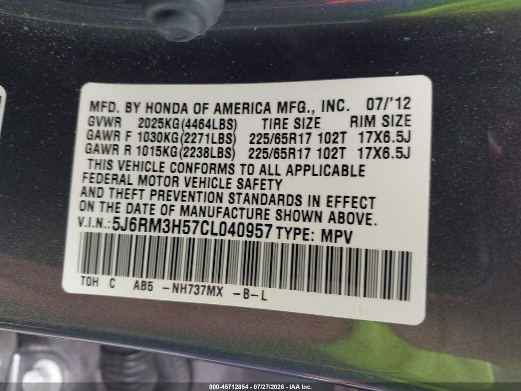 5J6RM3H57CL040957 2012 HONDA CR-V photo no. 9