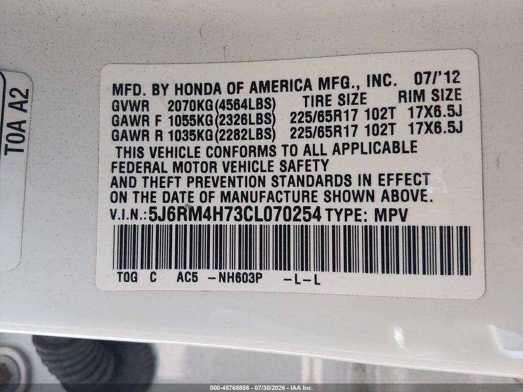 5J6RM4H73CL070254 2012 HONDA CR-V photo no. 9