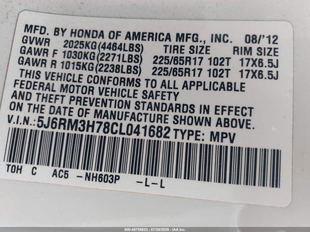 5J6RM3H78CL041682 2012 HONDA CR-V photo no. 9