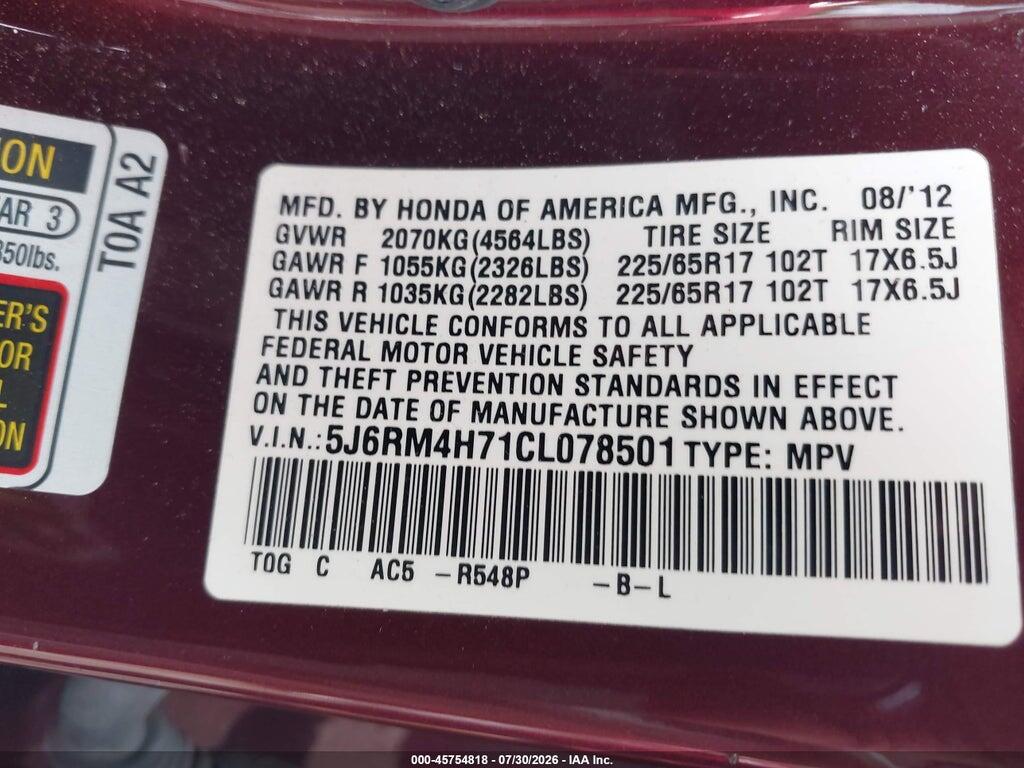 5J6RM4H71CL078501 2012 HONDA CR-V photo no. 9