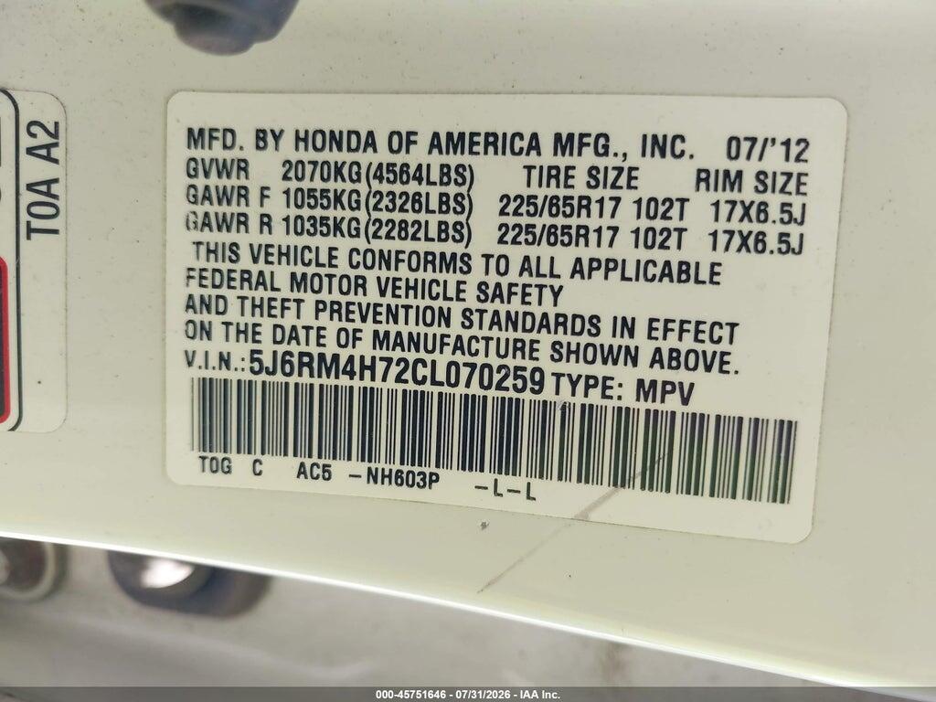 5J6RM4H72CL070259 2012 HONDA CR-V photo no. 9