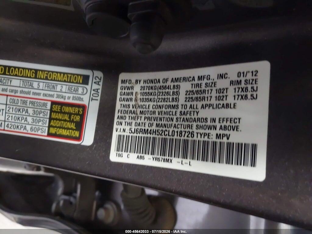 5J6RM4H52CL018726 2012 HONDA CR-V photo no. 9