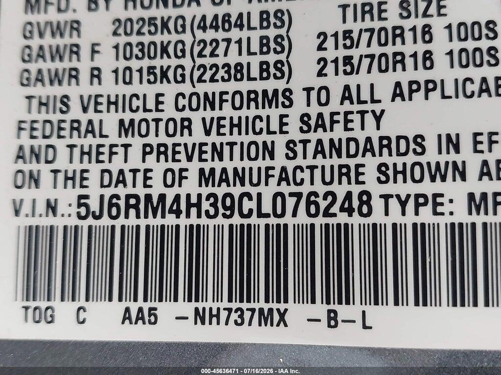 5J6RM4H39CL076248 2012 HONDA CR-V photo no. 9